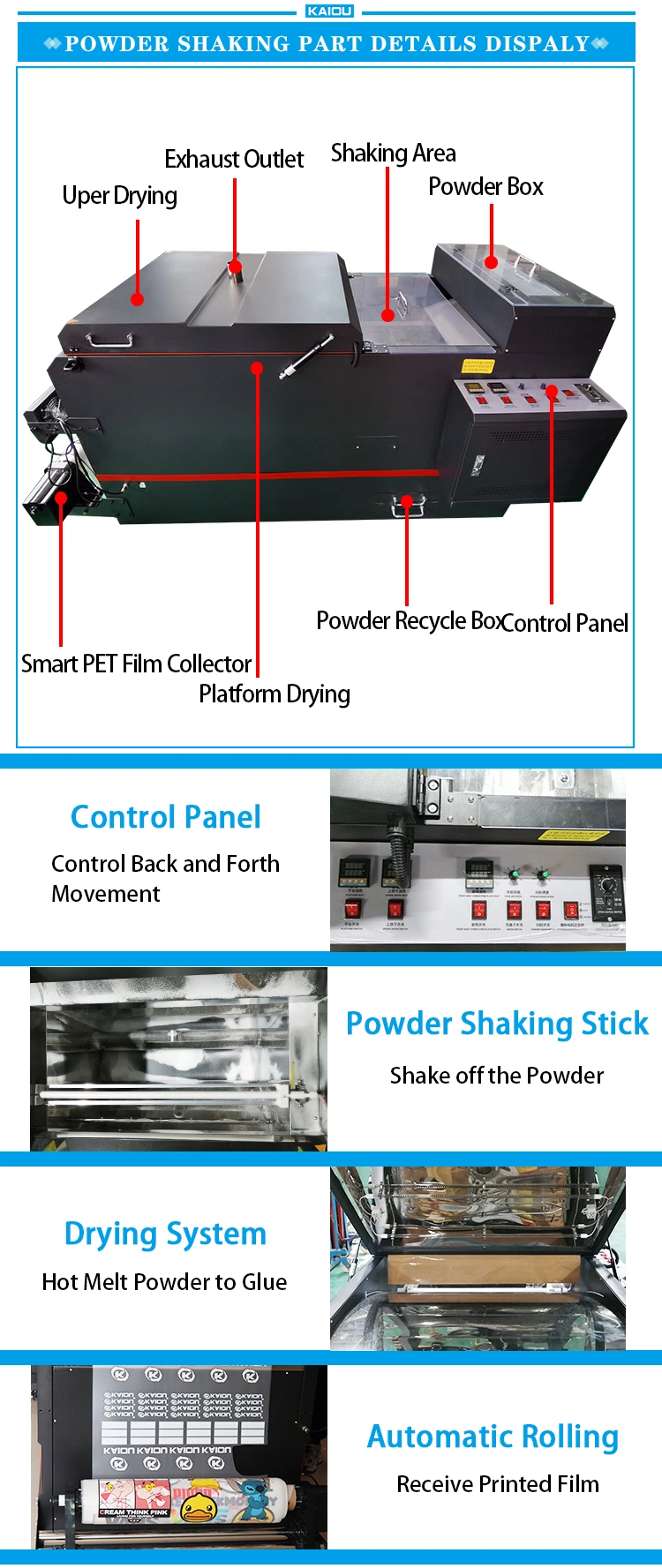 Kaiou High Quality 60cm Dtf Printer 2 PCS I3200/4720 Printhead with Powder Shaking Machine Printing Garment